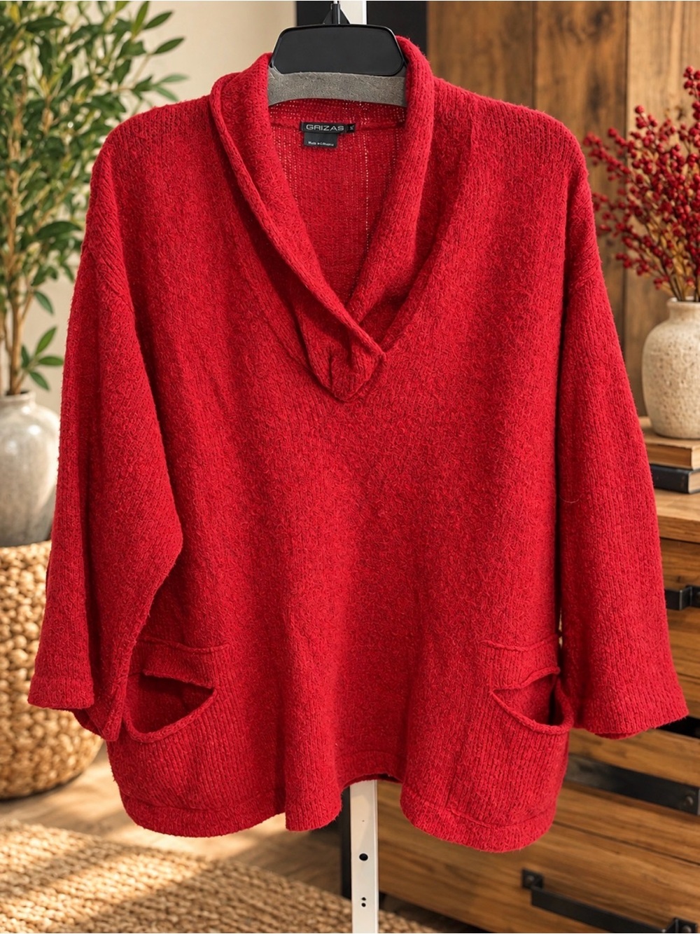 GRIZAS Red Oversized Lagenlook Cowl Neck Pocket Sweater Tunic Sz XL -NWOT